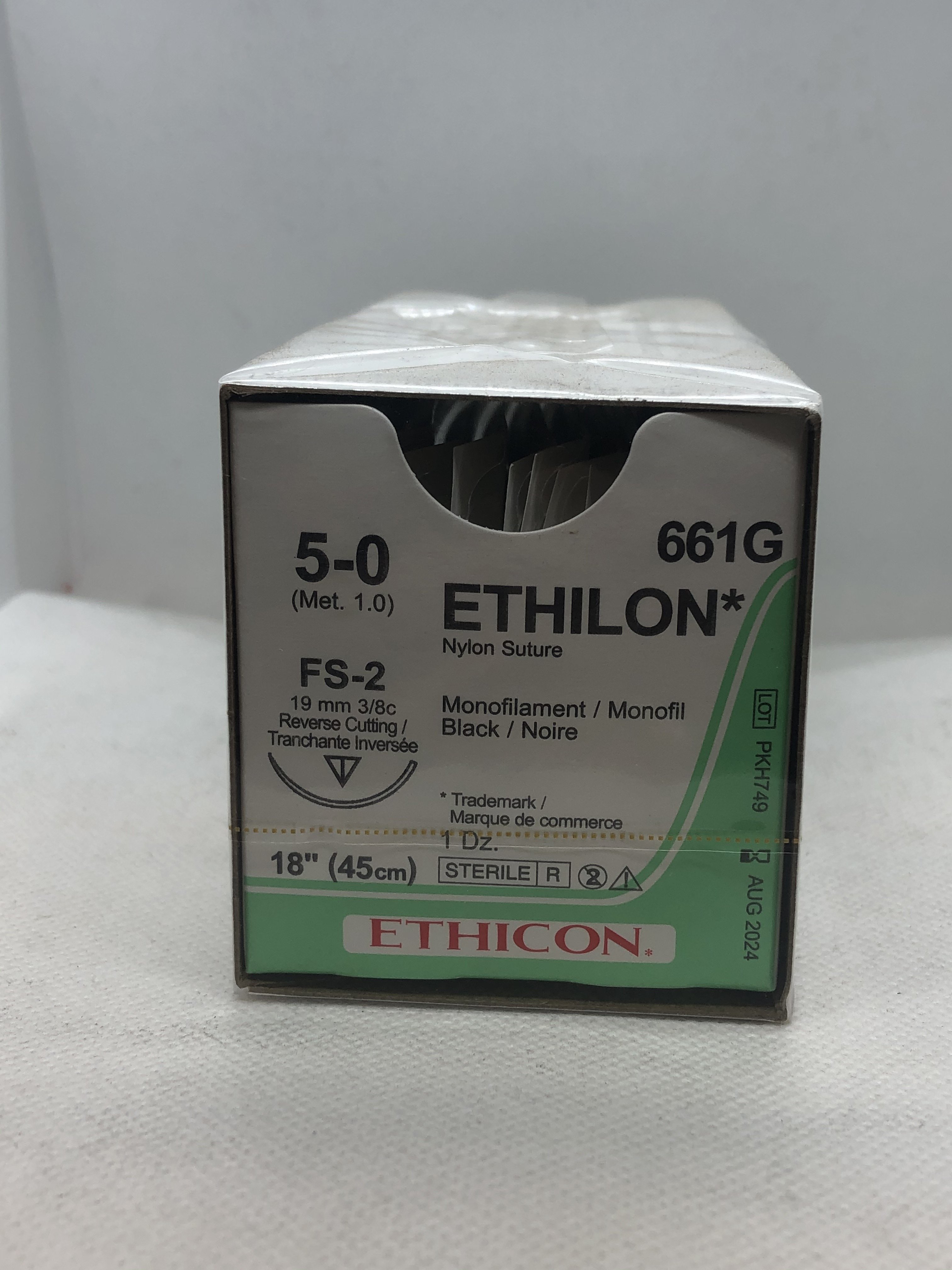 ETHICON ETHILON NYLON SUTURE 5/0 FS-2 19MM 3/8C 45CM, 12