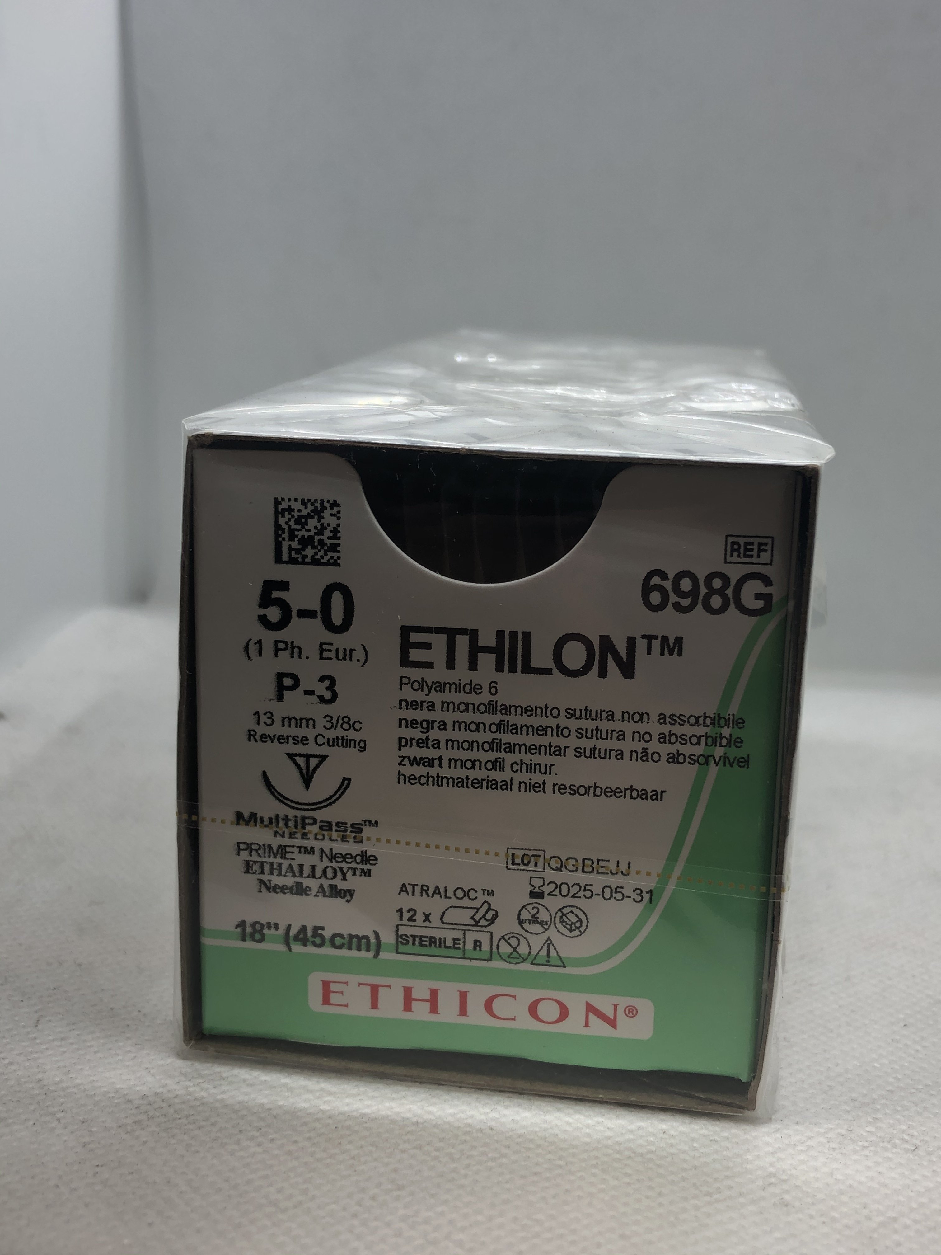 ETHICON ETHILON NYLON SUTURE 5/0 P-3 13MM 3/8C 45CM, 12